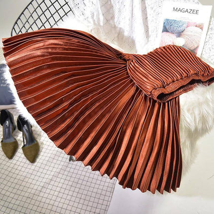 Pleated Satin Skirt, High Waist For Spring And Summer in copper glossy polyester satin with stitched pleats and elastic high waist