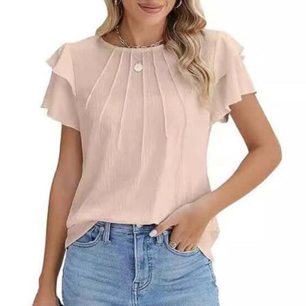 Pleated Short Sleeve Round Neck Work Blouse For Summer Commute in apricot, lightweight polyester pullover with princess sleeves and front pleats