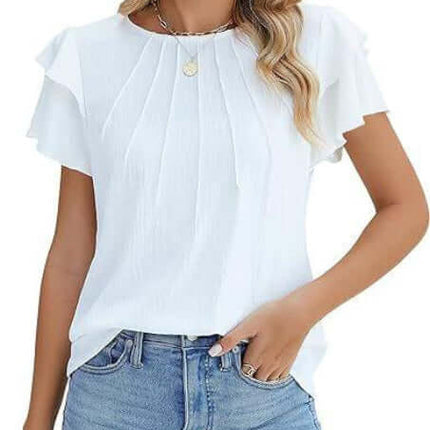 Pleated Short Sleeve Round Neck Work Blouse For Summer Commute - white lightweight pleated office top with princess sleeves