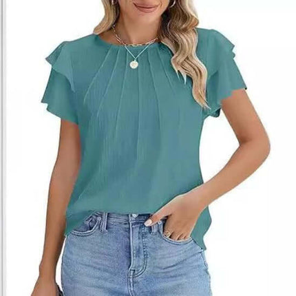 Pleated Short Sleeve Round Neck Work Blouse For Summer Commute in green polyester with pleated front and princess sleeves, styled with jeans