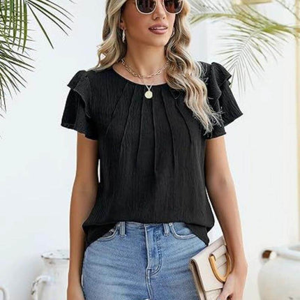 Pleated Short Sleeve Round Neck Work Blouse For Summer Commute black pleated polyester blouse with princess sleeves styled with jeans and sunglasses