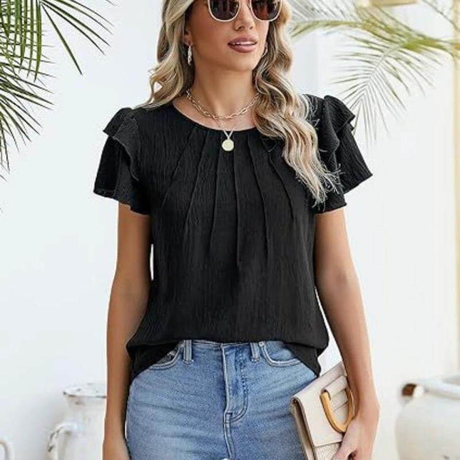 Pleated Short Sleeve Round Neck Work Blouse For Summer Commute black pleated polyester blouse with princess sleeves styled with jeans and sunglasses
