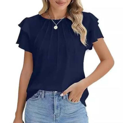 Pleated Short Sleeve Round Neck Work Blouse For Summer Commute in dark blue polyester with pleated front and flutter sleeves, styled with jeans