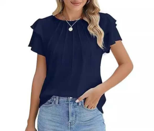 Pleated Short Sleeve Round Neck Work Blouse For Summer Commute in dark blue polyester with pleated front and flutter sleeves, styled with jeans