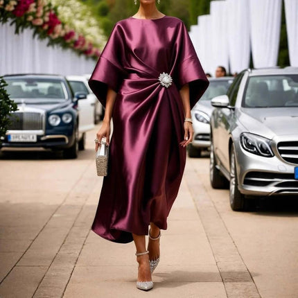 Satin Long High Waist Dress With Pearl Flower Accent in deep burgundy satin, batwing sleeves and embellished pearl flower on the bodice, styled for formal events