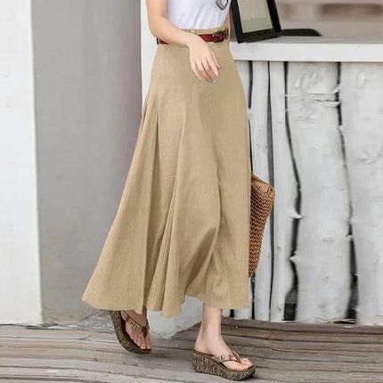 Plus Size A Line Midi Skirt High Waist Street Fashion Casual beige A-line midi skirt with attached belt and stitched paneling for casual outings
