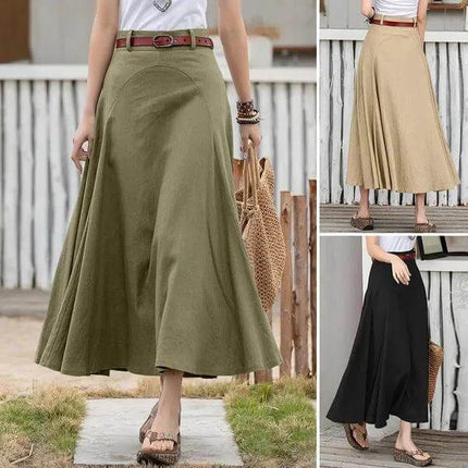 Plus Size A Line Midi Skirt High Waist Street Fashion Casual in olive green with belt and stitched panels, versatile mid-length for sandals or boots