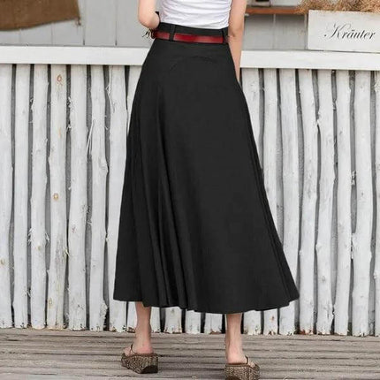 Plus Size A Line Midi Skirt High Waist Street Fashion Casual - black midi skirt with attached belt, stitched paneling and flowy A-line silhouette