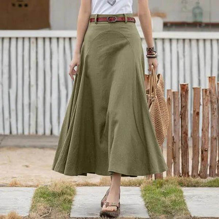Plus Size A Line Midi Skirt High Waist Street Fashion Casual olive green A-line midi with belt and stitched paneling, casual street-style look