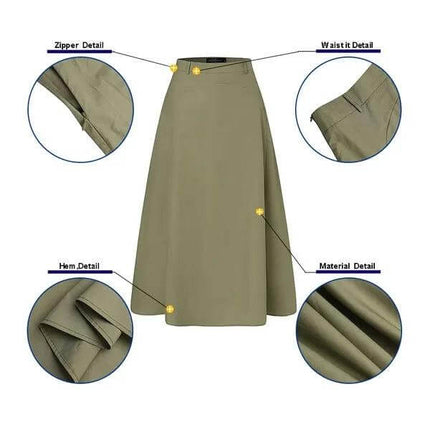 Plus Size A Line Midi Skirt High Waist Street Fashion Casual in olive with attached belt, stitched panels, zipper, hem and material detail