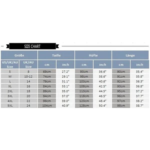 Plus Size A Line Midi Skirt High Waist Street Fashion Casual size chart showing waist, hip, length in cm and inches for S to 5XL