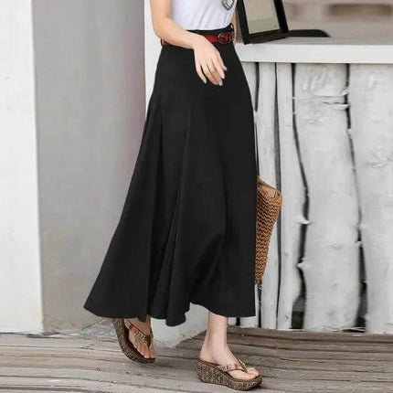 Plus Size A Line Midi Skirt High Waist Street Fashion Casual black A-line midi skirt with attached belt and stitched paneling