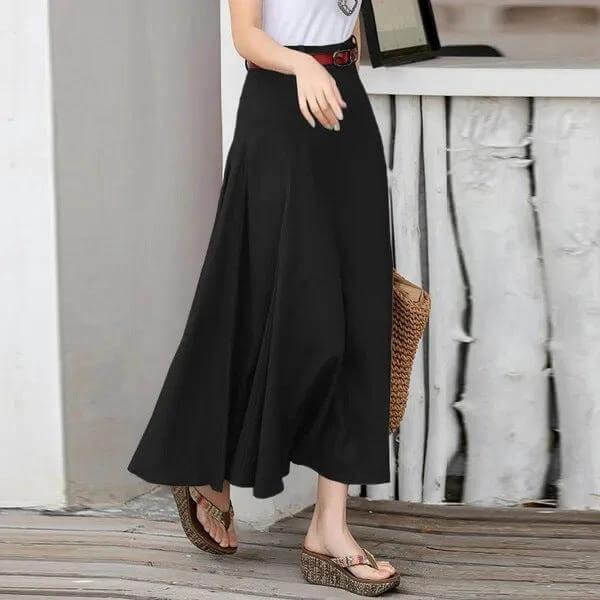 Plus Size A Line Midi Skirt High Waist Street Fashion Casual black A-line midi skirt with attached belt and stitched paneling