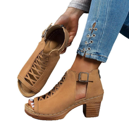 Plus Size Chunky Heel Women's Open Toe Sandals For Everyday Wear - tan cutout buckle heel sandals styled with jeans