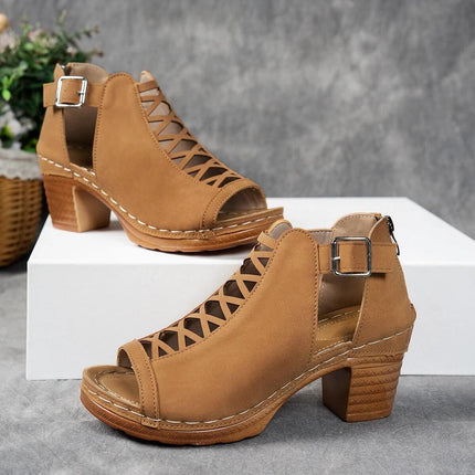Plus Size Chunky Heel Women's Open Toe Sandals For Everyday Wear - tan synthetic PU open-toe block heel sandals with buckle and cutout design
