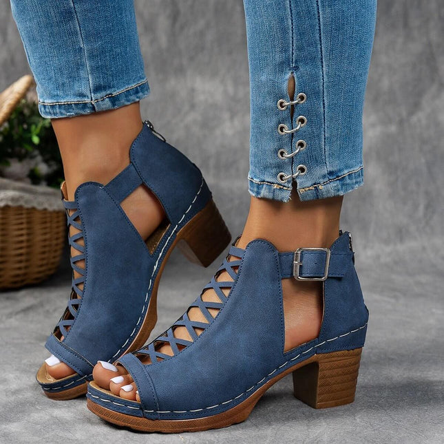Plus Size Chunky Heel Women's Open Toe Sandals For Everyday Wear - navy blue synthetic PU open-toe heel with buckle and lattice sides