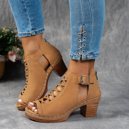 Plus Size Chunky Heel Women's Open Toe Sandals For Everyday Wear - tan suede synthetic PU open-toe heels with buckle and stable block heel, casual styling