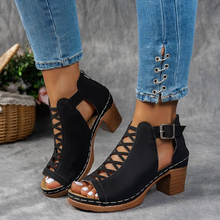 Plus Size Chunky Heel Women's Open Toe Sandals For Everyday Wear - black lace-up open-toe chunky heel sandals with buckle and wooden sole