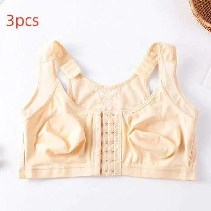 Sports Bra Plus Size For Everyday Comfort All Day Daily Wear - 3pcs apricot cotton front‑closure bra, breathable lightweight everyday support