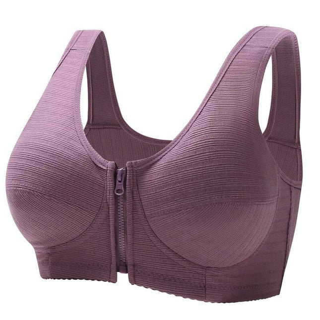 Plus Size Underwire Vest Bra Cotton Full Cup Soft Support in purplish gray, breathable cotton, front-zip nursing access for middle-aged women