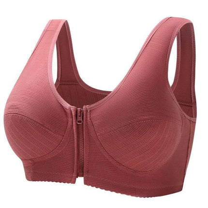 Plus Size Underwire Vest Bra Cotton Full Cup Soft Support in breathable cotton front-zip nursing design, rose/caramel tones for middle-aged women