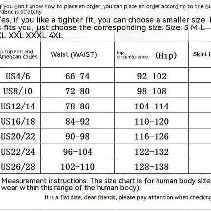 Plus Size High Waist Skirt For Everyday Wear And Comfort - size chart showing S to 4XL measurements, waist hip and skirt length for polyester printed skirt with tassels