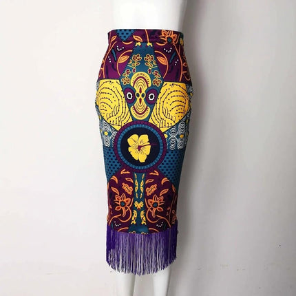 Plus Size High Waist Skirt For Everyday Wear And Comfort - printed mid-length polyester skirt with tassel fringe and bold colorful pattern