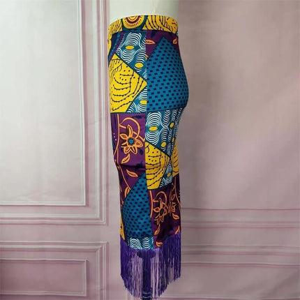 Plus Size High Waist Skirt For Everyday Wear And Comfort - printed polyester mid-length skirt with tassel fringe in blue yellow purple patchwork