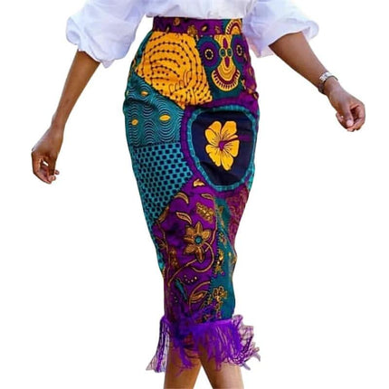 Plus Size High Waist Skirt For Everyday Wear And Comfort featuring vibrant printed pattern, tassel hem, mid-length high-rise polyester skirt