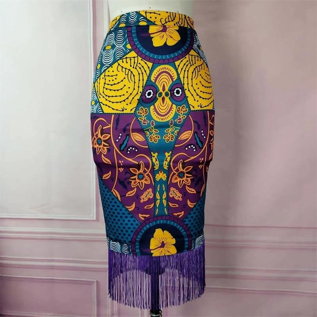 Plus Size High Waist Skirt For Everyday Wear And Comfort in vibrant printed polyester with tassel hem, mid-length high-rise silhouette for versatile casual or work outfits