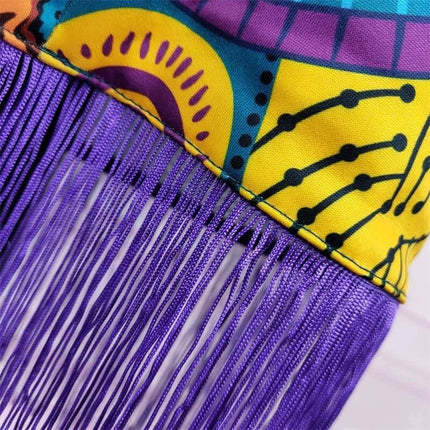 Plus Size High Waist Skirt For Everyday Wear And Comfort - purple tassel detail and colorful printed polyester mid-length skirt close-up