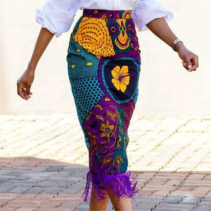 Plus Size High Waist Skirt For Everyday Wear And Comfort - printed polyester mid-length skirt with tassel hem and vibrant patchwork pattern