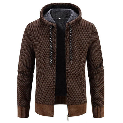 Plus Size Hooded Winter Coat With Drawstring And Zipper — brown knit polyester shell with wool-lined interior, zip front and adjustable hood for everyday wear