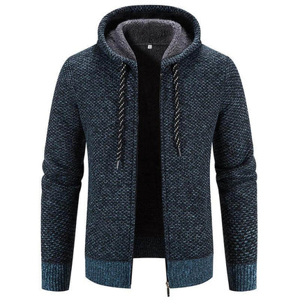 Plus Size Hooded Winter Coat With Drawstring And Zipper - navy knit polyester shell with wool-lined interior, zip front and adjustable drawstring hood for casual wear