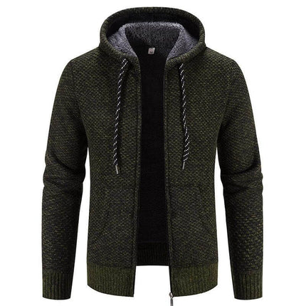 Plus Size Hooded Winter Coat With Drawstring And Zipper in green polyester shell with wool-lined interior, zip front and adjustable internal drawstring