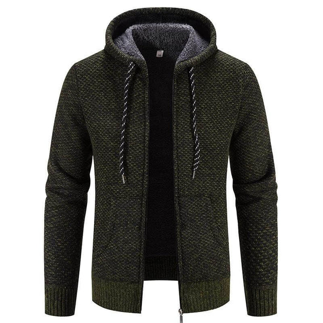 Plus Size Hooded Winter Coat With Drawstring And Zipper in green polyester shell with wool-lined interior, zip front and adjustable internal drawstring