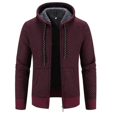 Plus Size Hooded Winter Coat With Drawstring And Zipper burgundy knit polyester shell with wool-lined interior, zip front and internal drawstring for everyday wear