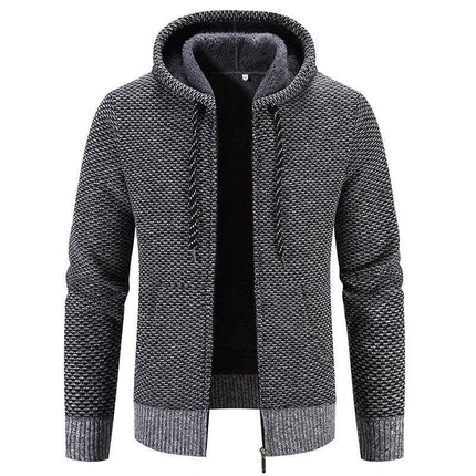 Plus Size Hooded Winter Coat With Drawstring And Zipper — grey textured polyester shell with wool-lined interior, zip front and adjustable drawstring hood, casual commute layer