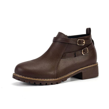 Plus Size Low Shaft Leather Ankle Boots With Chunky Low Heel brown PU ankle boot with side zipper and dual buckle straps