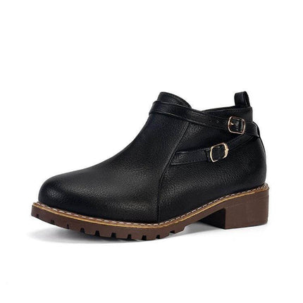 Plus Size Low Shaft Leather Ankle Boots With Chunky Low Heel black ankle boot with side zipper and buckles, rounded toe, chunky low heel