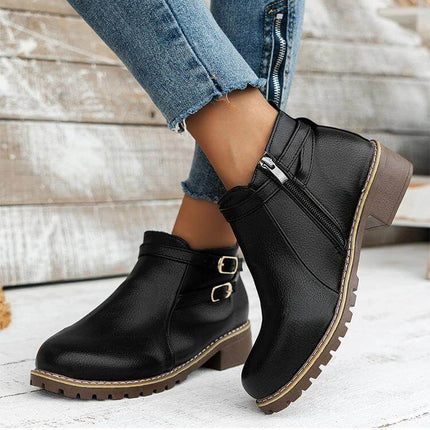 Plus Size Low Shaft Leather Ankle Boots With Chunky Low Heel - black PU ankle boots with side zipper, rounded toe, chunky low heel and double-buckle detail