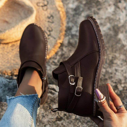 Plus Size Low Shaft Leather Ankle Boots With Chunky Low Heel brown faux-leather ankle boots with side zipper and buckle detail