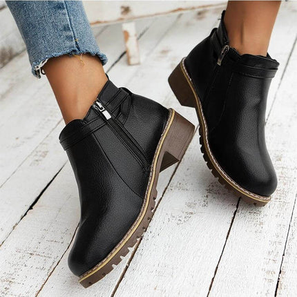 Plus Size Low Shaft Leather Ankle Boots With Chunky Low Heel black synthetic PU ankle boots with side zipper, rounded toe and chunky low heel for casual wear