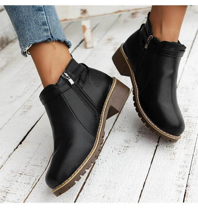 Plus Size Low Shaft Leather Ankle Boots With Chunky Low Heel black synthetic PU ankle boots with side zipper, rounded toe and chunky low heel for casual wear