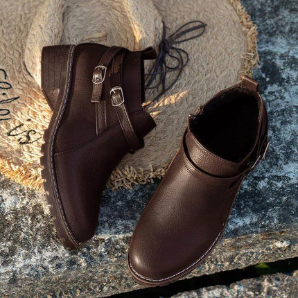 Plus Size Low Shaft Leather Ankle Boots With Chunky Low Heel in brown synthetic PU with side zipper, rounded toe and cotton lining, casual fall look