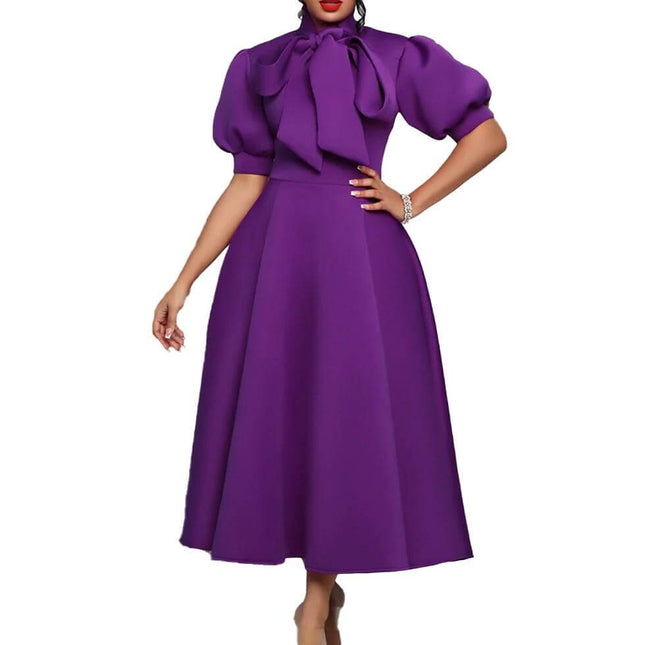 Plus Size Bow Mid Length Evening Dress With High Waist in purple polyester blend with puff sleeves and tied bow, semi-formal office-to-evening look