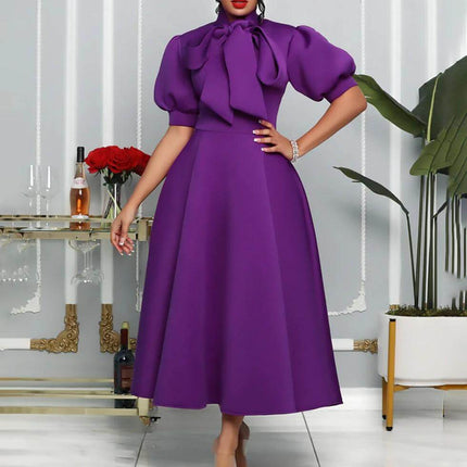 Plus Size Bow Mid Length Evening Dress With High Waist in purple polyester blend with puff sleeves and tied bow, semi-formal office-to-evening look