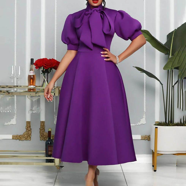 Plus Size Bow Mid Length Evening Dress With High Waist in purple polyester blend with puff sleeves and tied bow, semi-formal office-to-evening look