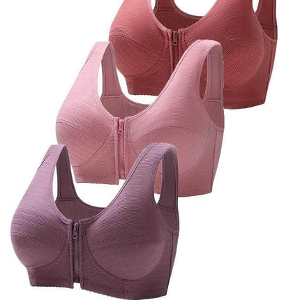 Plus Size Underwire Vest Bra Cotton Full Cup Soft Support front-zip breathable cotton nursing bra in pink, plum and rose for middle-aged wearers