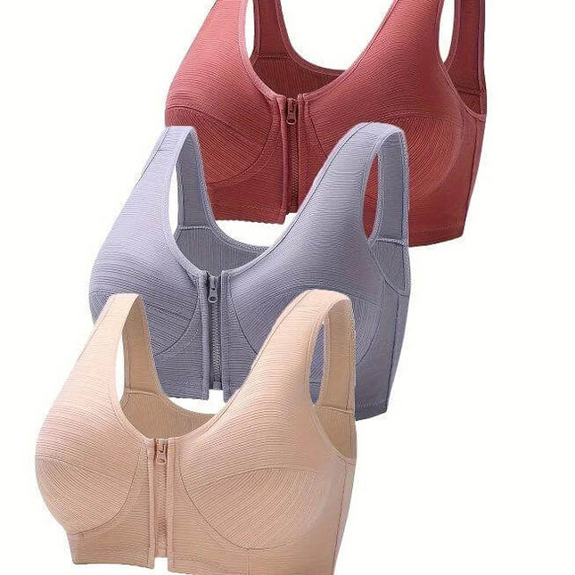Plus Size Underwire Vest Bra Cotton Full Cup Soft Support front-zip nursing cotton full-coverage bras in skin, gray, purplish gray and caramel